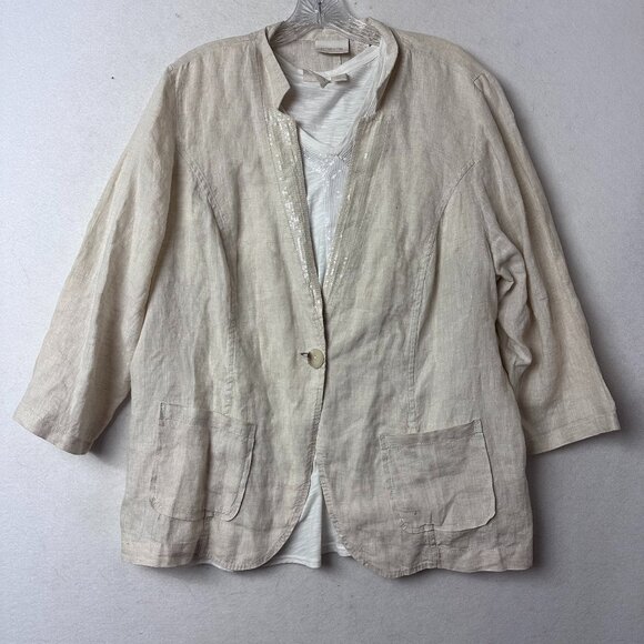 Chico's jacket shirt 2 piece set sz L / 16 100% linen beige tan blazer‎ jacket - Picture 1 of 10